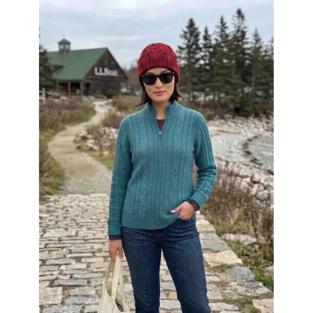 LL Bean XL Cotton Cardigan Sweater Women Full Zip Cable Knit Fisherman